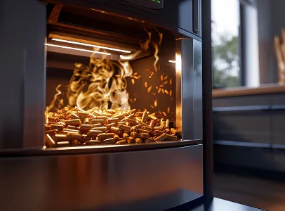 Poêle à granulés moderne en fonctionnement, avec des flammes et des granulés de bois à Sainte Gemme la Plaine près de Luçon en Vendée 85