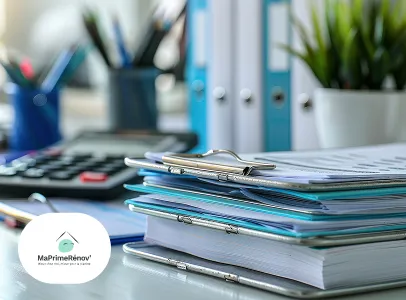 Bureau organisé avec calculatrice, classeurs bleus, et documents sur presse-papiers à Sainte Gemme la Plaine près de Luçon en Vendée 85