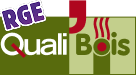 Logos RGE (QualiBois) sur fond vert foncé et vert clair à Sainte Gemme la Plaine près de Luçon en Vendée 85