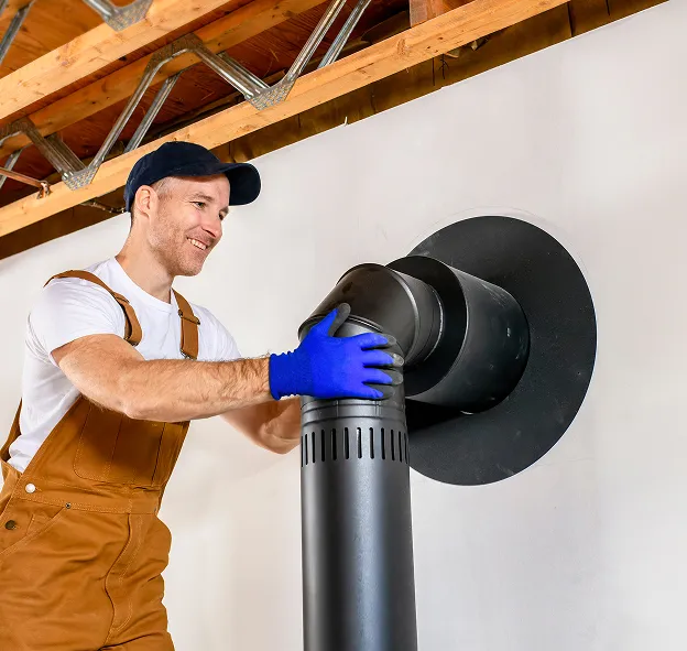 Un homme installe un conduit de cheminée noir sur un mur blanc à Sainte Gemme la Plaine près de Luçon en Vendée 85