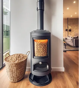 Poêle à granulés moderne anthracite avec un panier de granulés en osier à côté à Sainte Gemme la Plaine près de Luçon en Vendée 85