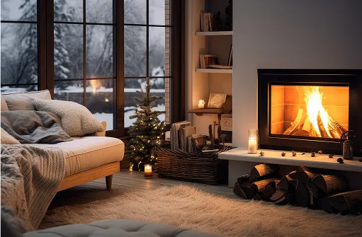 Salon chaleureux avec cheminée, canapé, sapin de Noël et fenêtre enneigée à Sainte Gemme la Plaine près de Luçon en Vendée 85